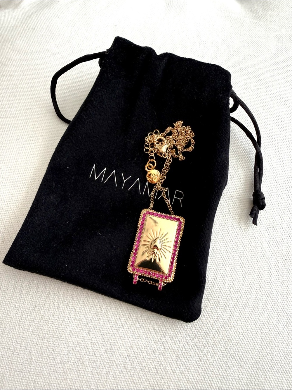 Mayamar Gold-Tone Sunburst Rectangle Pendant Necklace with Pink Accents